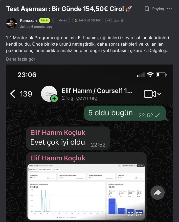 Circle gönderisi — Test aşamasında bir günde 154,50€ ciro (Elif Hanım, 1-1 mentörlük)