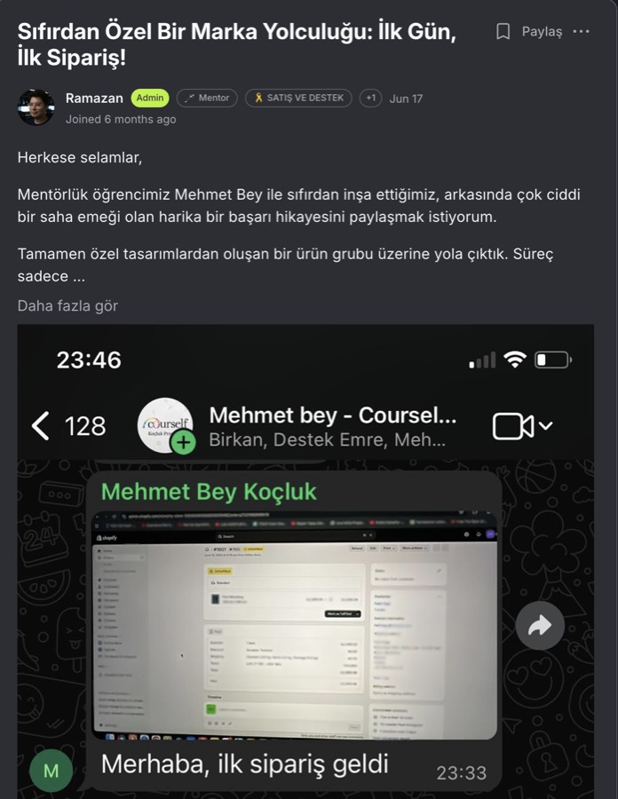 Circle gönderisi — Sıfırdan özel bir marka yolculuğu: ilk gün, ilk sipariş (Mehmet Bey, WhatsApp koçluk grubu)