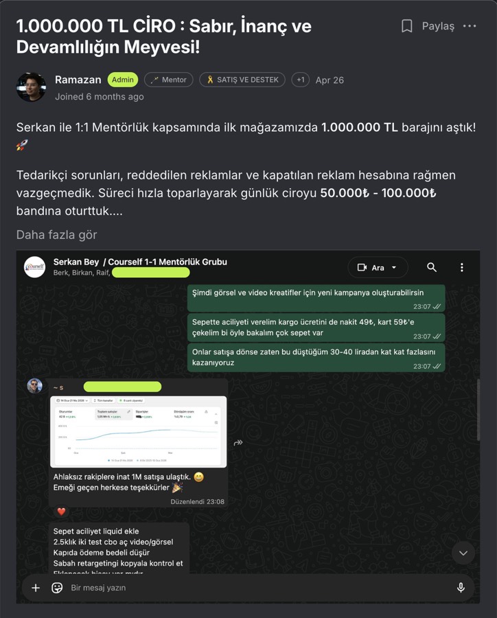 Circle gönderisi — 1.000.000 TL ciro: Serkan Bey ile 1:1 mentörlükte ilk mağazada 1 milyon TL barajı